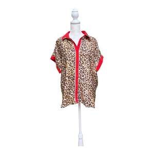 Entro Women’s Medium Leopard Print Blouse Red Trim Oversized Button Front